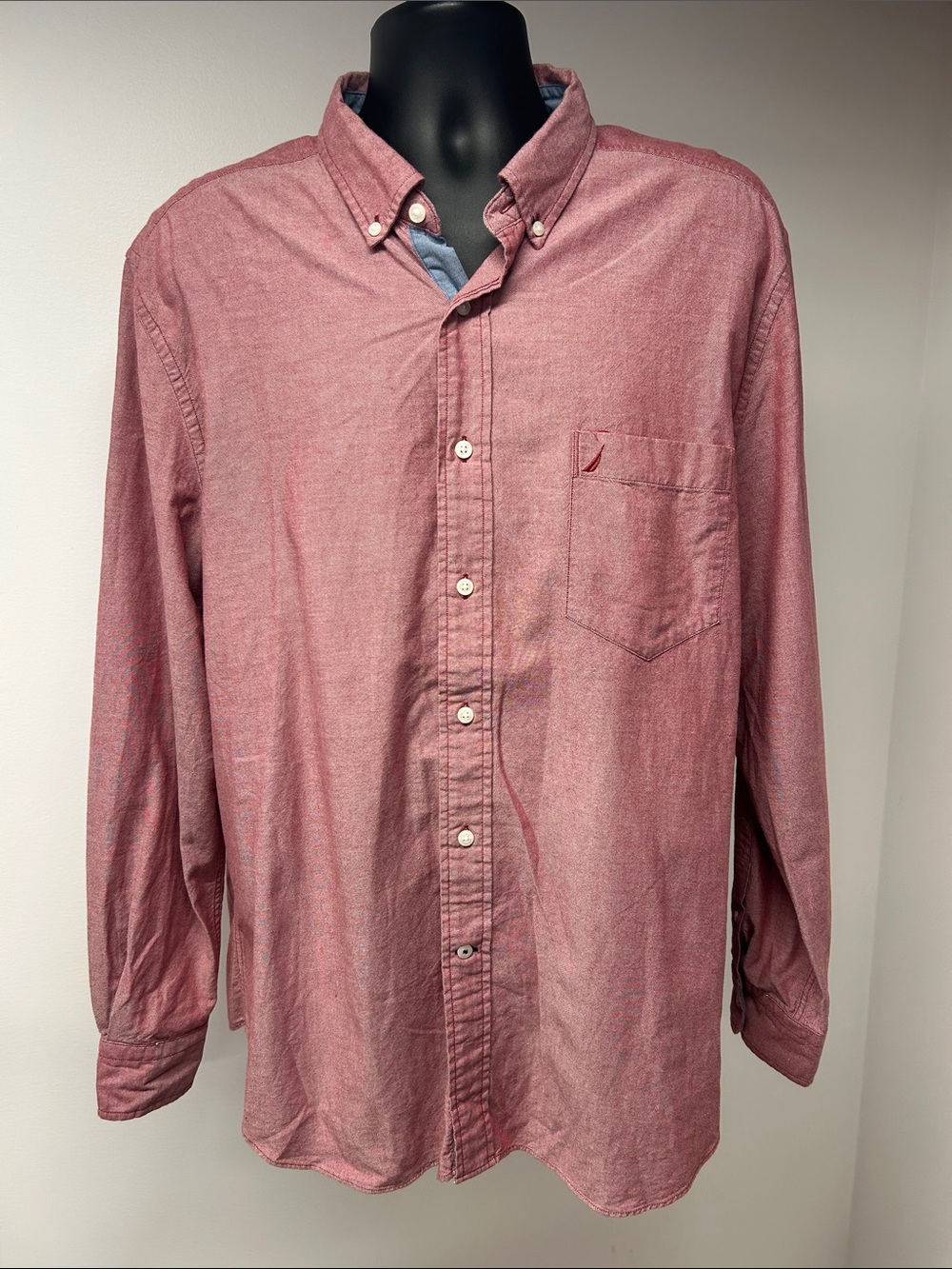 Nautica Mens Oxford Button Down Shirt XL Red Maroon Heather Cotton Long Sleeve